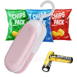 luubom mini bag sealer, portable heat vacuum sealers, plastic bag sealer with cutter 2 in 1, handheld with hook for chip food storage, pink