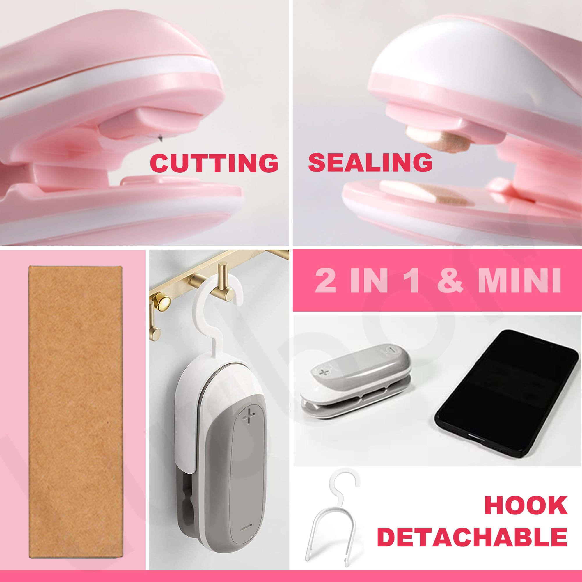 Luubom Mini Bag Sealer, Portable Heat Vacuum Sealers, Plastic Bag Sealer with Cutter 2 in 1, Handheld with Hook for Chip Food Storage, Pink