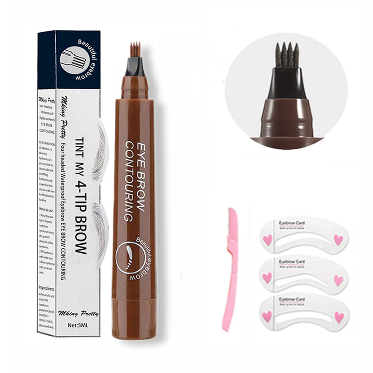 3-in-1 Eyebrow Kit: Eyebrow Pencil, 3 Brow Stencils, and Eyebrow Razor (Dark Brown2#)