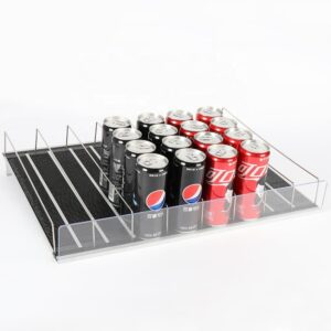 7hole self pushing drink organizer for fridge - can pusher for refrigerator - adjustable fridge drink dispenser for soda, beer, water bottle, juice box - 6 slots, easy-to-assemble dividers - 15.4x15"