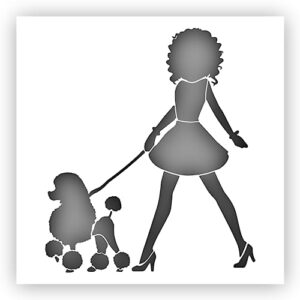 Woman Walking Poodle Dog Stencil - Choose a Size (6"x6") - Laser-Cut Reusable Plastic