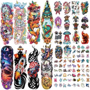 52 pcs temporary tattoo for kids full arm castle butterfly cat truck dinosaur rocket planet cute animal body face fake arm tattoos for girls boys tiny tattoo stickers birthday gifts party supplies