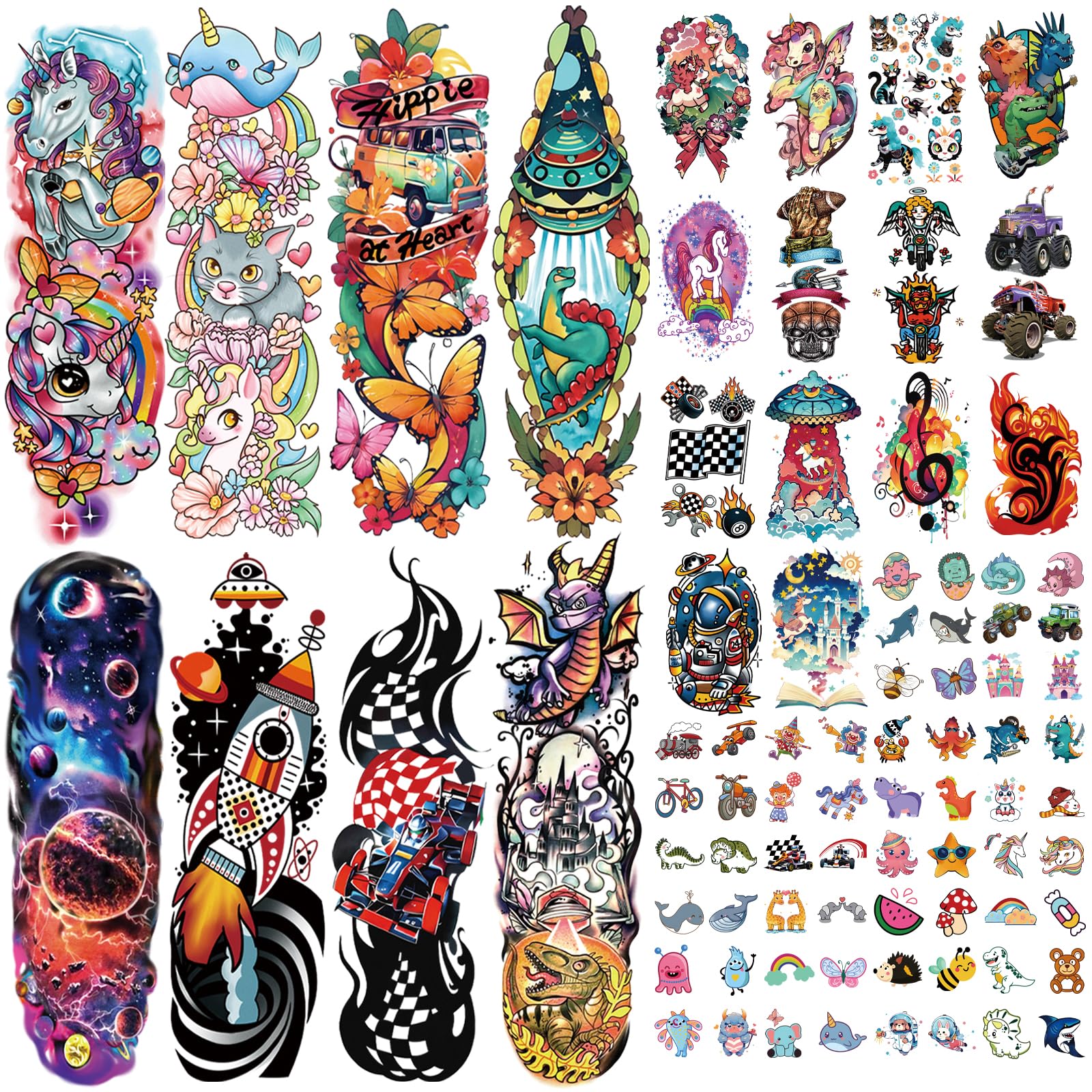 52 Pcs Temporary Tattoo for Kids Full Arm Castle Butterfly Cat Truck Dinosaur Rocket Planet Cute Animal Body Face Fake Arm Tattoos for Girls Boys Tiny Tattoo Stickers Birthday Gifts Party Supplies