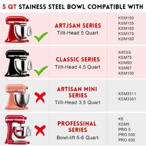 GGC Stainless Steel 5QT Mixing Bowl with Handle, Compatible with Kitchenaid 4.5-5 Quart Tilt-Head Stand Mixers, Multipurpose Kitchen Companion