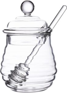 gmfine glass honey jar with dipper stick, beehive honey pot containers with dipper and lid set for storing honey and syrup, 10 oz, clear