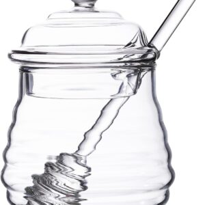 GMFINE Glass Honey Jar with Dipper Stick, Beehive Honey Pot Containers with Dipper and Lid Set for Storing Honey and Syrup, 10 oz, Clear