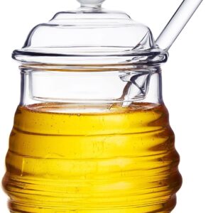 GMFINE Glass Honey Jar with Dipper Stick, Beehive Honey Pot Containers with Dipper and Lid Set for Storing Honey and Syrup, 10 oz, Clear