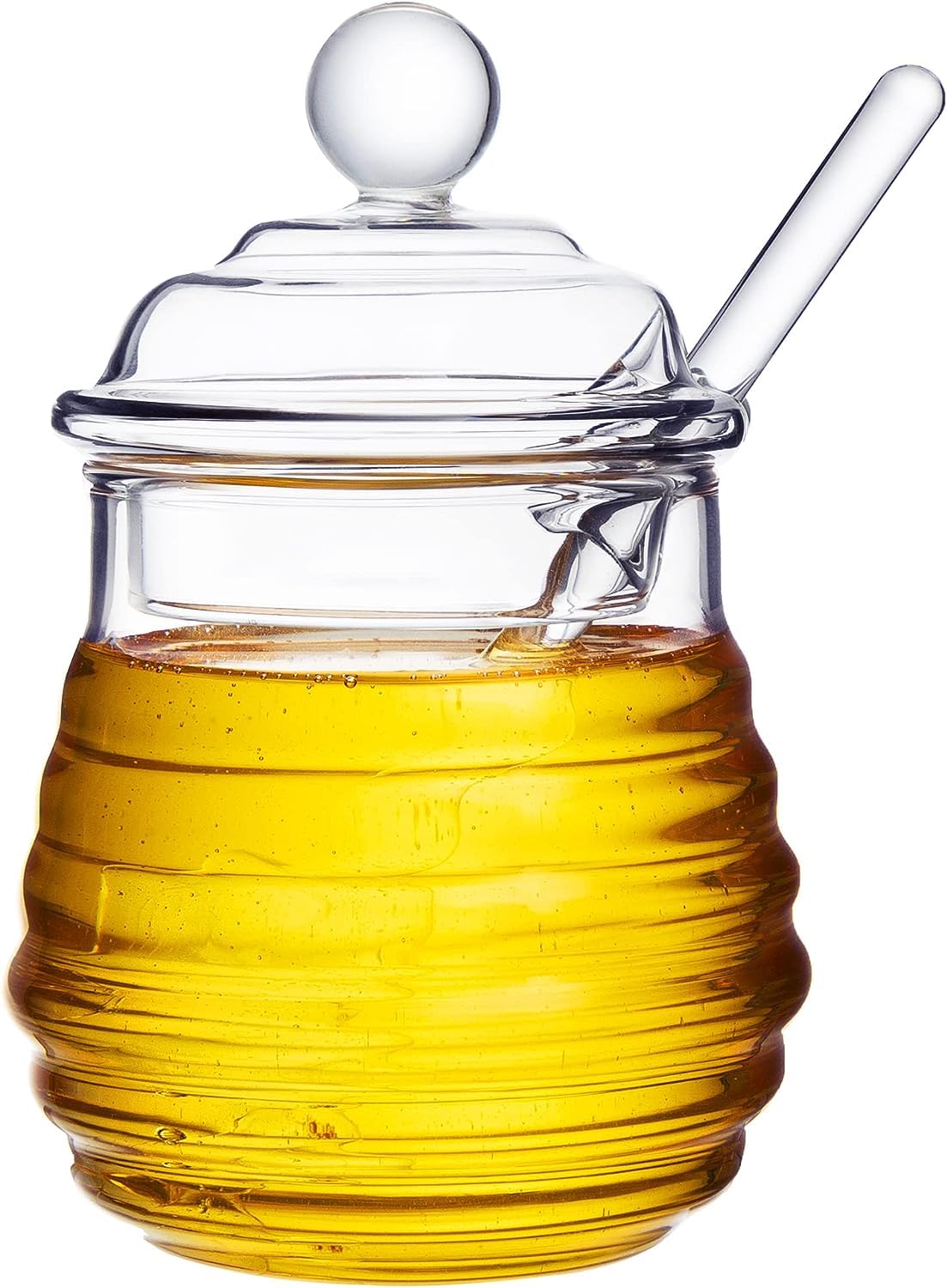 GMFINE Glass Honey Jar with Dipper Stick, Beehive Honey Pot Containers with Dipper and Lid Set for Storing Honey and Syrup, 10 oz, Clear