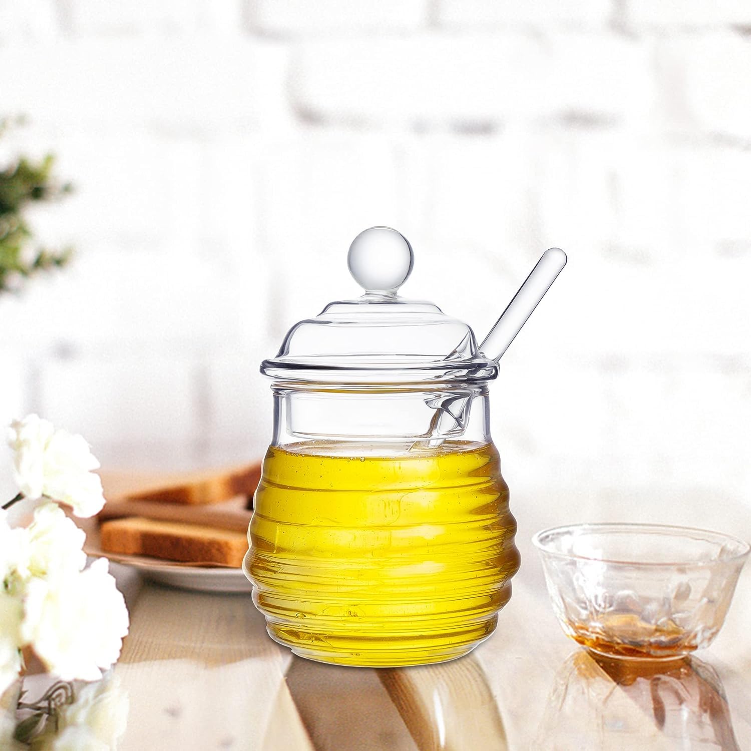 GMFINE Glass Honey Jar with Dipper Stick, Beehive Honey Pot Containers with Dipper and Lid Set for Storing Honey and Syrup, 10 oz, Clear