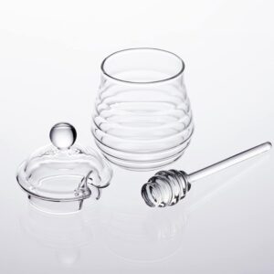 GMFINE Glass Honey Jar with Dipper Stick, Beehive Honey Pot Containers with Dipper and Lid Set for Storing Honey and Syrup, 10 oz, Clear