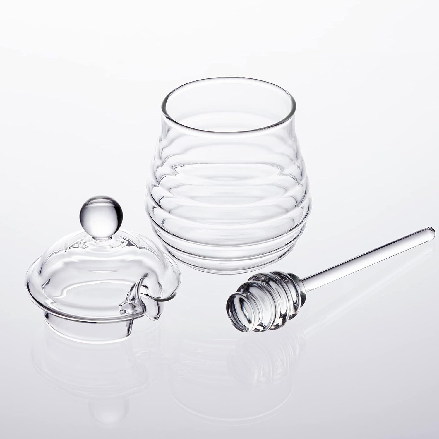 GMFINE Glass Honey Jar with Dipper Stick, Beehive Honey Pot Containers with Dipper and Lid Set for Storing Honey and Syrup, 10 oz, Clear