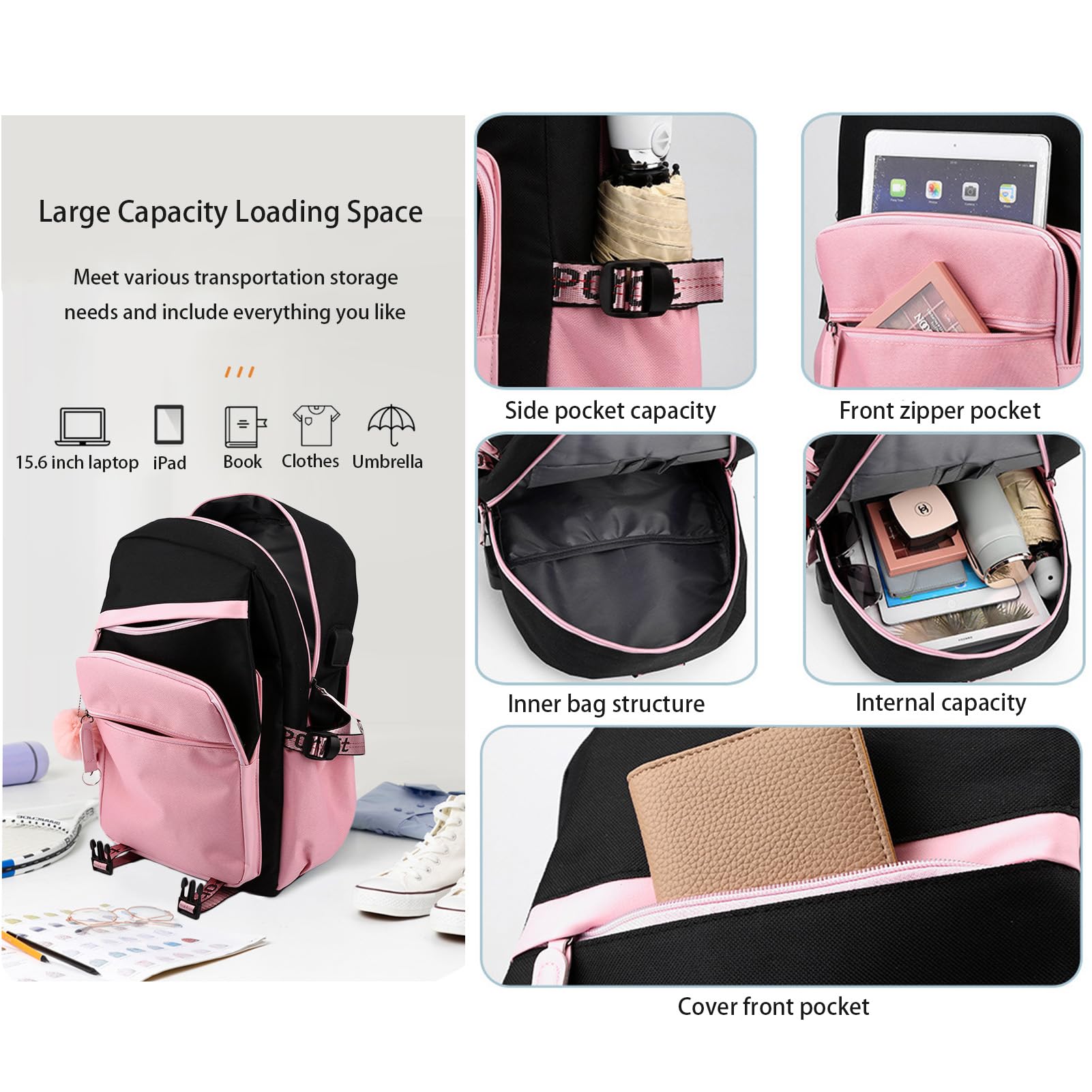 XinShuoBay Anima Cartoon Student Laptop Backpack with USB Charging Port Large Casual Daypack Travel Schoolbag for Boys Girls (Pink)