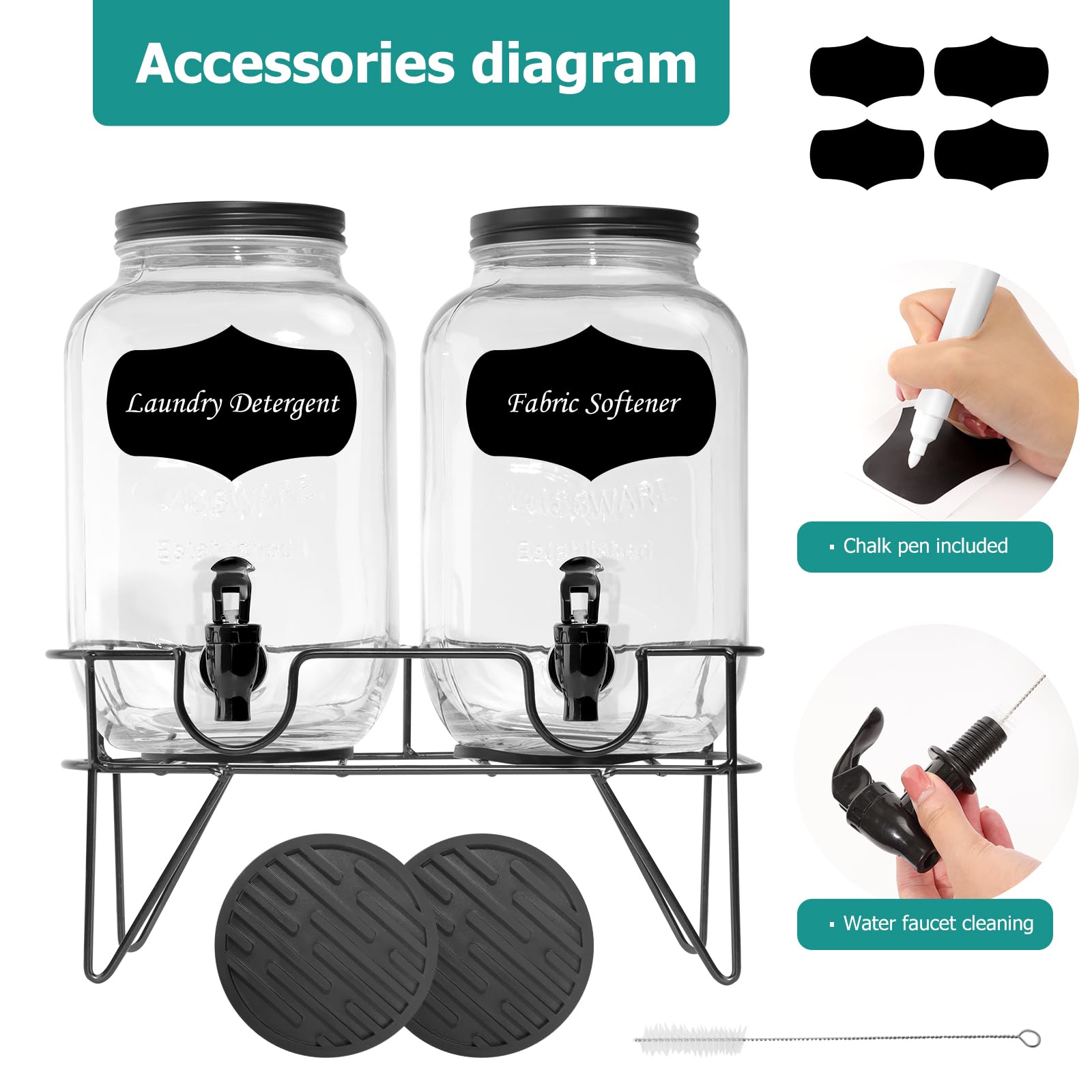 2-Pack glass drink dispenser - 1 Gallon Mason Jars w/Spout Faucets Screw Lid & Rubber Drip Mats - Liquid lemonade & beverage - Stand for Organizing party Decor & Storage