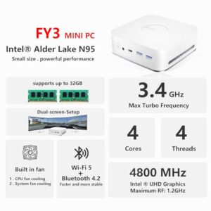 FUNYET Mini PC Gaming PC, Desktop Computer with Intel 12th Gen Alder Lake N95(up to 3.4GHz), 16GB DDR4 RAM 512GB SSD, Supports 4K Displays, Windows 11 Pro