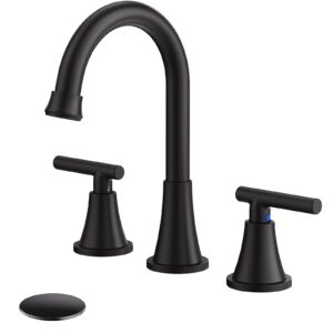 bathroom faucets for sink 3 hole, hurran matte black bathroom sink faucet with pop-up drain and supply lines, stainless steel lead-free widespread faucet for bathroom sink vanity rv farmhouse sink