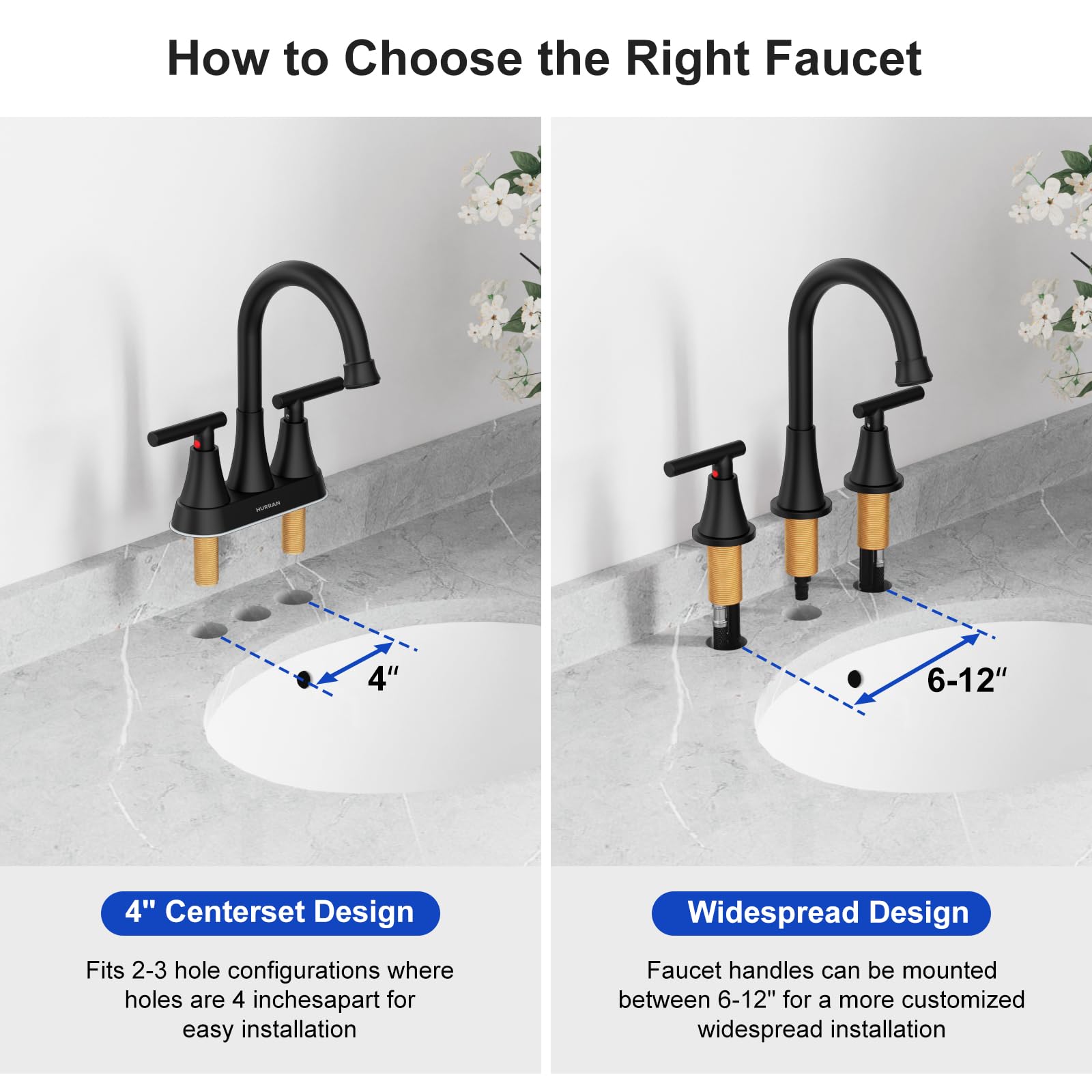 Bathroom Faucets for Sink 3 Hole, Hurran Matte Black Bathroom Sink Faucet with Pop-up Drain and Supply Lines, Stainless Steel Lead-Free Widespread Faucet for Bathroom Sink Vanity RV Farmhouse Sink