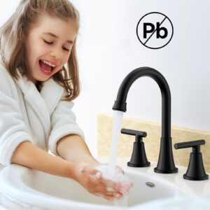 Bathroom Faucets for Sink 3 Hole, Hurran Matte Black Bathroom Sink Faucet with Pop-up Drain and Supply Lines, Stainless Steel Lead-Free Widespread Faucet for Bathroom Sink Vanity RV Farmhouse Sink