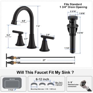 Bathroom Faucets for Sink 3 Hole, Hurran Matte Black Bathroom Sink Faucet with Pop-up Drain and Supply Lines, Stainless Steel Lead-Free Widespread Faucet for Bathroom Sink Vanity RV Farmhouse Sink