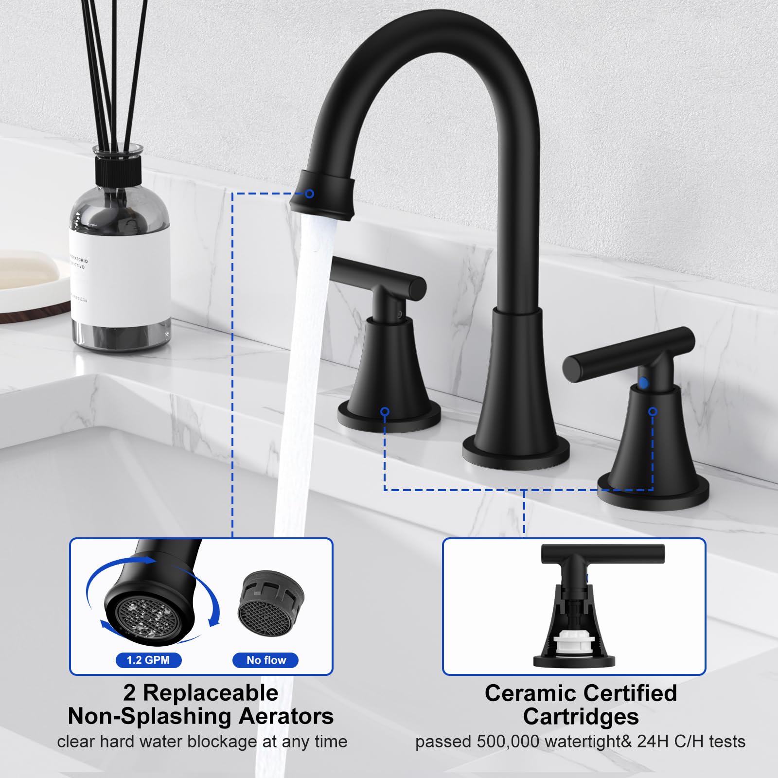 Bathroom Faucets for Sink 3 Hole, Hurran Matte Black Bathroom Sink Faucet with Pop-up Drain and Supply Lines, Stainless Steel Lead-Free Widespread Faucet for Bathroom Sink Vanity RV Farmhouse Sink