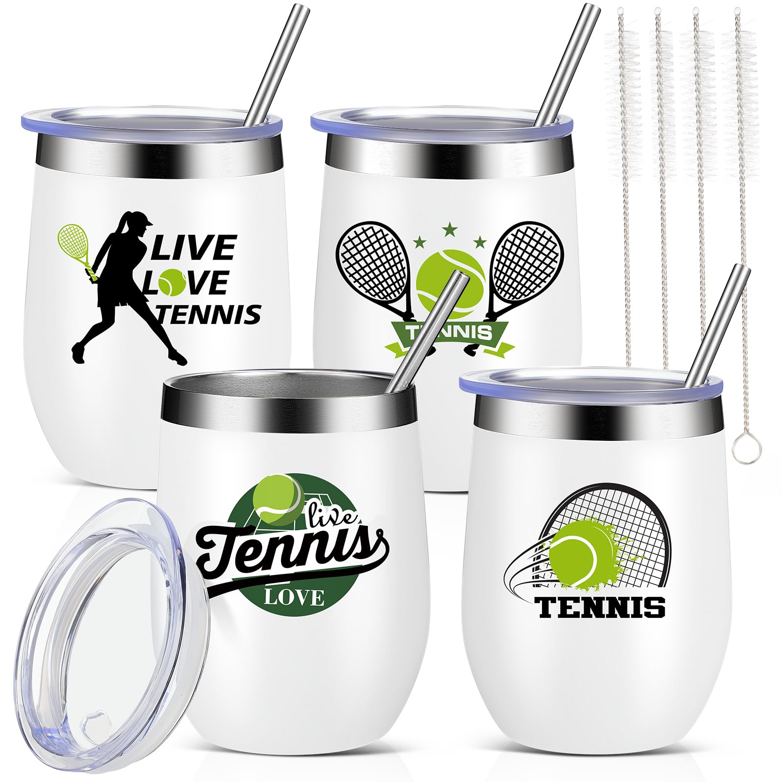 Mifoci 4 Pcs Tennis Tumbler Cups 12 oz Insulated Stainless Steel Wine Glass Tennis Wine Tumbler Gift Tennis Travel Mug with Straw and Lid Tennis Coffee Mug Cup Tennis Gifts for Women Men Tennis Lovers