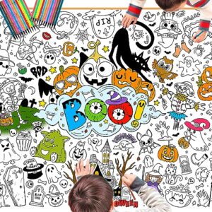 howaf giant halloween boo coloring poster with 24pcs (24 colors) paint pens, jumbo boo coloring banner for kids halloween party game activities supplies, large happy halloween coloring table cover