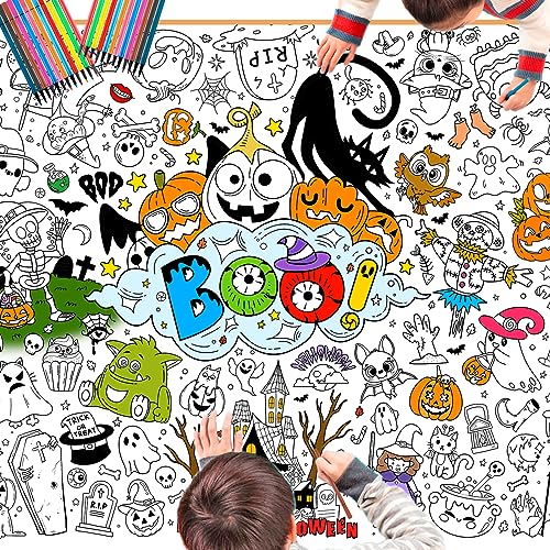 HOWAF Giant Halloween Boo Coloring Poster with 24pcs (24 Colors) Paint Pens, Jumbo Boo Coloring Banner for Kids Halloween Party Game Activities Supplies, Large Happy Halloween Coloring Table Cover