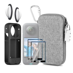 lewote 7in1 compatible with insta360 x3 accessories kit[silicone camera case][lens guards cover][screen protector film][outdoor carrying case bag with auto locking carabiner and anti-loss lock]