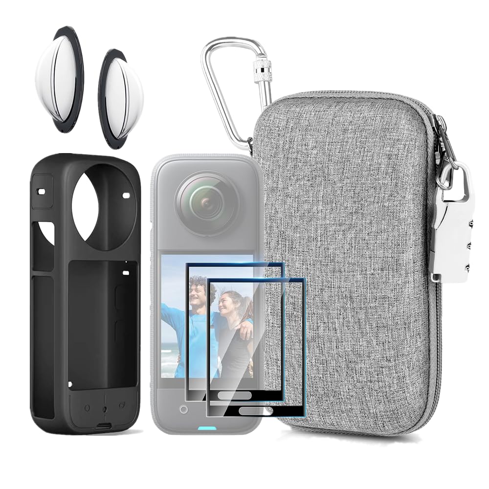 LEWOTE 7in1 Compatible with Insta360 X3 Accessories Kit[Silicone Camera Case][Lens Guards Cover][Screen Protector Film][Outdoor Carrying Case Bag with Auto Locking Carabiner and Anti-Loss Lock]