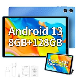 TECLAST 10 Inch Android 13 Tablet, P26T Tablets 8GB RAM+128GB ROM 1TB TF, WiFi 5G/2.4G, Octa core, 1280 * 800 HD Touch Screen, BT 5.2, Google GMS, 6000mAh, Dual Camera, OTG, Type C, with Case