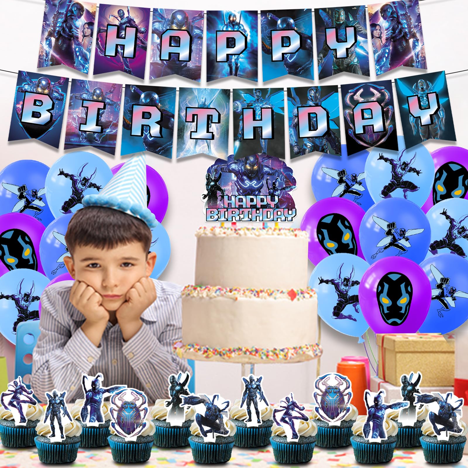 Blue Beetle Birthday Party Decoration, Include Beetle Superhero Theme Birthday Banner, Cake Topper, Latex Balloons, for Jaime Reyes Theme Fans, Kids Birthday Party Supplies, Baby Shower