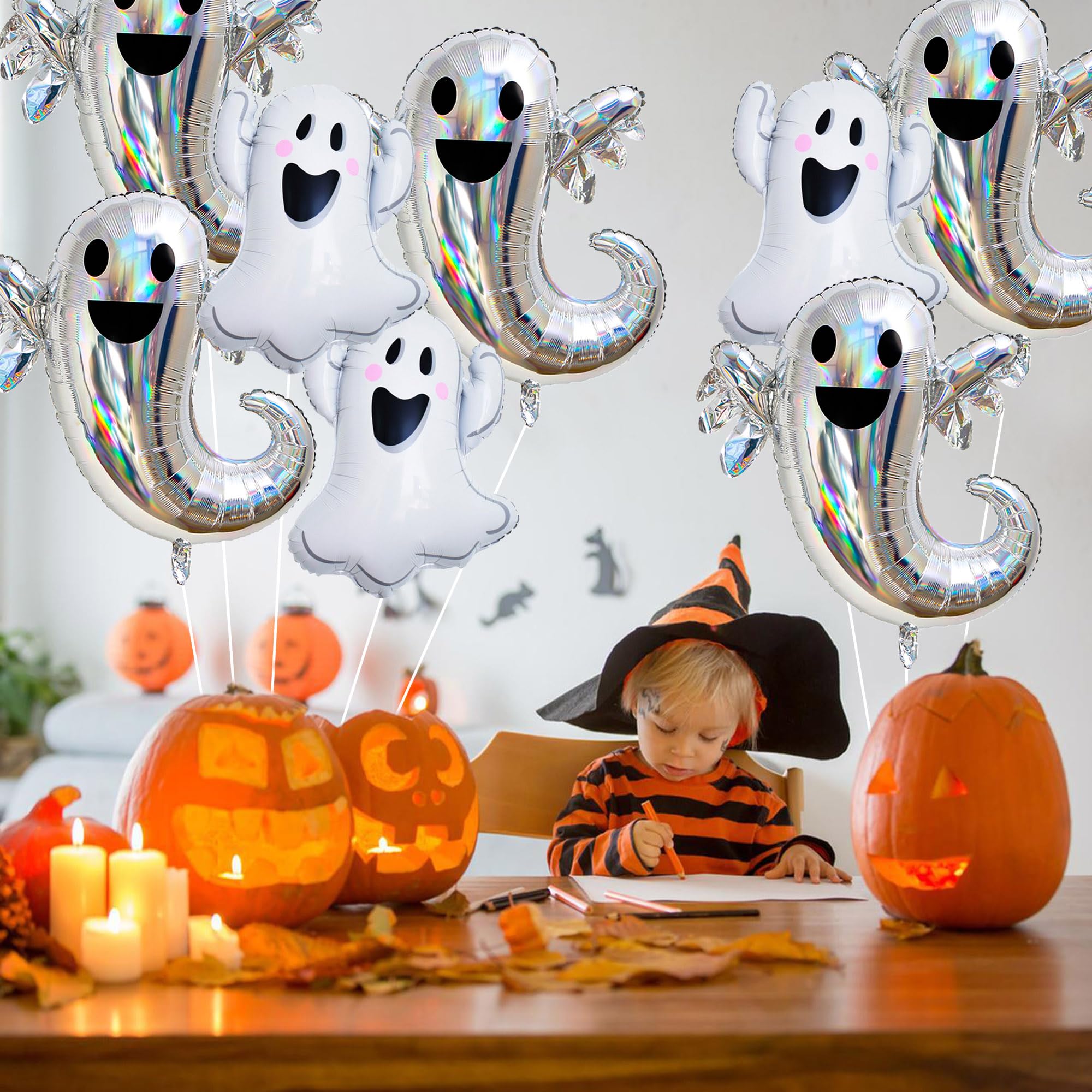 10 PCS Halloween Ghost Foil Balloons Halloween Party Mylar Balloons Spooky White Ghost Balloons for Halloween Baby Shower Birthday Party Decorations