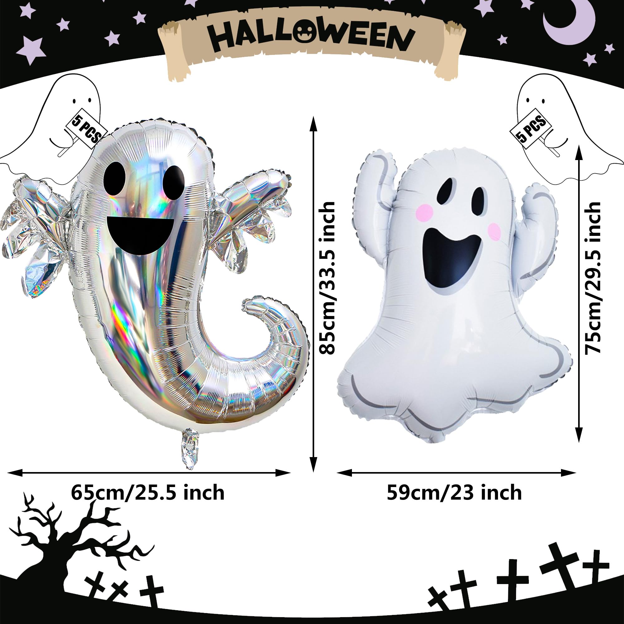 10 PCS Halloween Ghost Foil Balloons Halloween Party Mylar Balloons Spooky White Ghost Balloons for Halloween Baby Shower Birthday Party Decorations