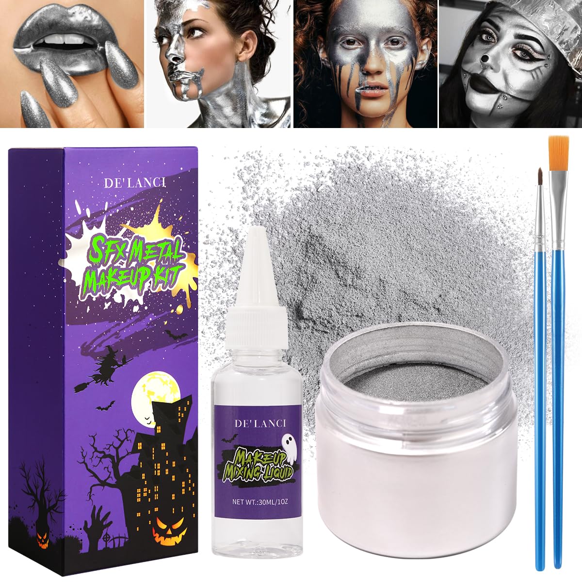 DE'LANCI Silver Face Paint Metallic Powder Kit, Metal Chrome Pigment Powder Foundation for Face & Body, Halloween SFX Makeup Shimmer Powder with Mixing Liquid and 2 Brushes for Stage Party 0.43 Oz