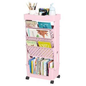 yeavs 5-tier mobile bookshelf, rolling bookcase book storage rack, movable file folder organizer cart with wheels for home study office living room classroom, pink
