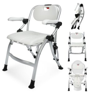 retoreath advanced folding shower chair with backrest and adjustable armrest, commode chair, space-saving, extra wide and enhanced slip resistance, 400 lbs weight capacity