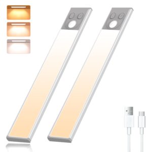 led under cabinet lights motion sensor 3 colors and dimmable 34-leds kitchen under cabinet lighting wireless 1200mah usb-c 8.46-inch led closet light for wardrobe, stairs, hallway[2 pack]