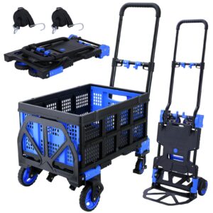 2 in 1 Hand Truck Dolly Foldable with Basket,Hand Truck Foldable with Retractable Handle,330LBS Capacity Folding Hand Cart,Dolly Cart with Wheels,Portable Dolly Hand Truck for Moving