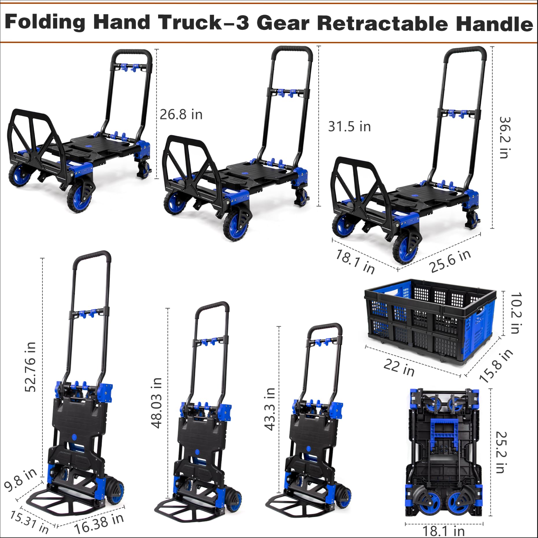 2 in 1 Hand Truck Dolly Foldable with Basket,Hand Truck Foldable with Retractable Handle,330LBS Capacity Folding Hand Cart,Dolly Cart with Wheels,Portable Dolly Hand Truck for Moving