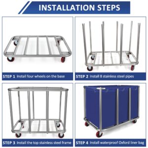 Commercial Laundry Cart with Wheels,11.35 Bushel Large Laundry Cart,Industrial Laundry Cart with Stainless Steel Frame and Waterproof Oxford Cloth,Industrial Laundry Hamper Load 440Lbs