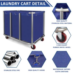 Commercial Laundry Cart with Wheels,11.35 Bushel Large Laundry Cart,Industrial Laundry Cart with Stainless Steel Frame and Waterproof Oxford Cloth,Industrial Laundry Hamper Load 440Lbs