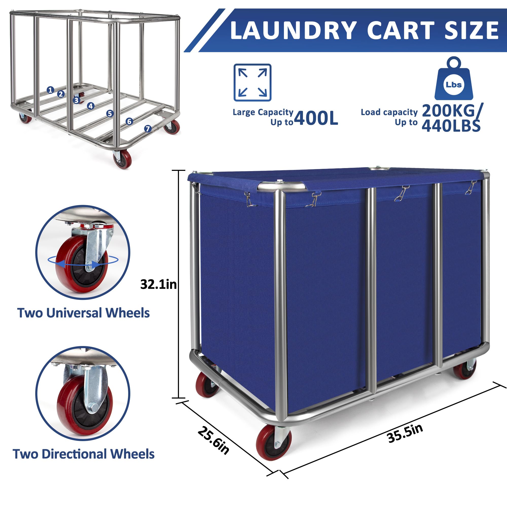 Commercial Laundry Cart with Wheels,11.35 Bushel Large Laundry Cart,Industrial Laundry Cart with Stainless Steel Frame and Waterproof Oxford Cloth,Industrial Laundry Hamper Load 440Lbs