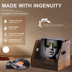 VonDream Vinyl Record Storage, Vinyl Record Box Case Crate, Vinyl Record Album Holder, Desktop Metal & Wooden LP Record Crate, Holds up to 60 Records