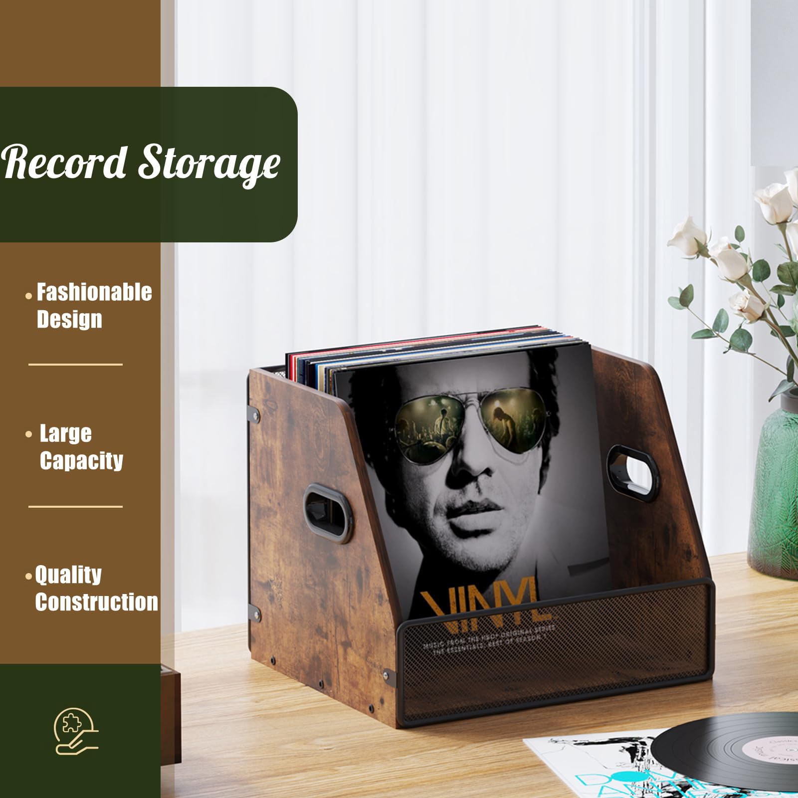 VonDream Vinyl Record Storage, Vinyl Record Box Case Crate, Vinyl Record Album Holder, Desktop Metal & Wooden LP Record Crate, Holds up to 60 Records