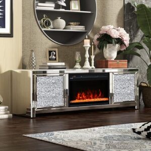 ENENE Mirrored TV Stand with Fireplace-10 Colors Changing Crystal Electric Fireplace tv Stand for 65 inch TV Electric Fireplace Entertainment Center for Living Room (Remote Control & 3D Flame)