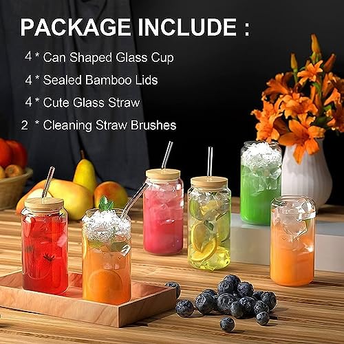 4PCS Glass Cups with Bamboo Lids and Glass Straws, 16oz Drinking Glasses Can Shaped Glass Cups, Beer Glasses, Iced Coffee Cups, Ideal for Gift, Wine, Cocktail- 2 Cleaning Brushes