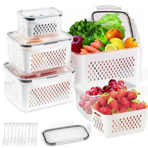 msprls fruit storage containers for fridge 5 pack | fruits and veggie containers for refrigerator with colander | keep produce vegetables lettuce fresh longer | 5 stackable size | rectangle