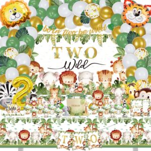 two wild birthday decorations for boys girls, 159 pcs jungle safari theme party supplies for baby - two wild backdrop, cake, cupcake toppers, cupcakes wrappers, balloons, tablecloth, palm leaves,