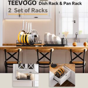 TEEVOGO 5-in-1 Set, Dish Drying Rack for Kitchen Counter, Pots and Pans Organizer, Pot lid Organizer, Dish Drying Mat with 8 Adjustable Dividers, a Cutlery Holder, for Dishes, Pans, Pot Lids, Cups