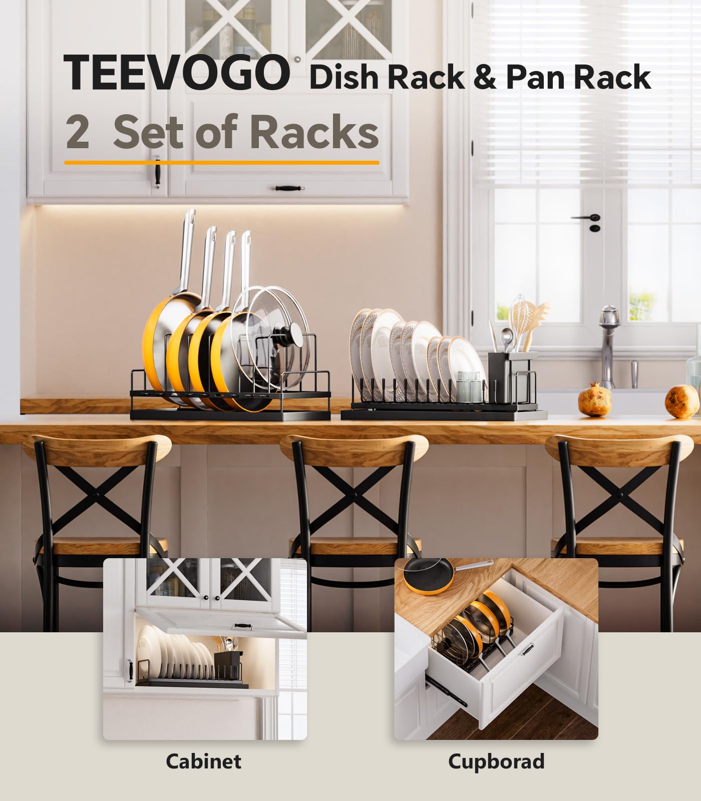 TEEVOGO 5-in-1 Set, Dish Drying Rack for Kitchen Counter, Pots and Pans Organizer, Pot lid Organizer, Dish Drying Mat with 8 Adjustable Dividers, a Cutlery Holder, for Dishes, Pans, Pot Lids, Cups