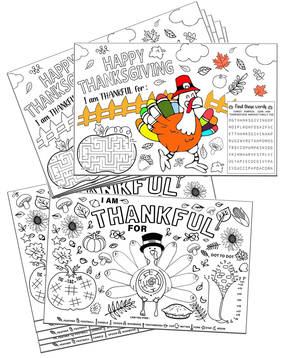 Thanksgiving Place Colouring Mats for Kids 12 Sheet Disposable Turkey Paper Place Mat 11”x 17” Fall Thanksgiving Table Mat for Children Birthday Party